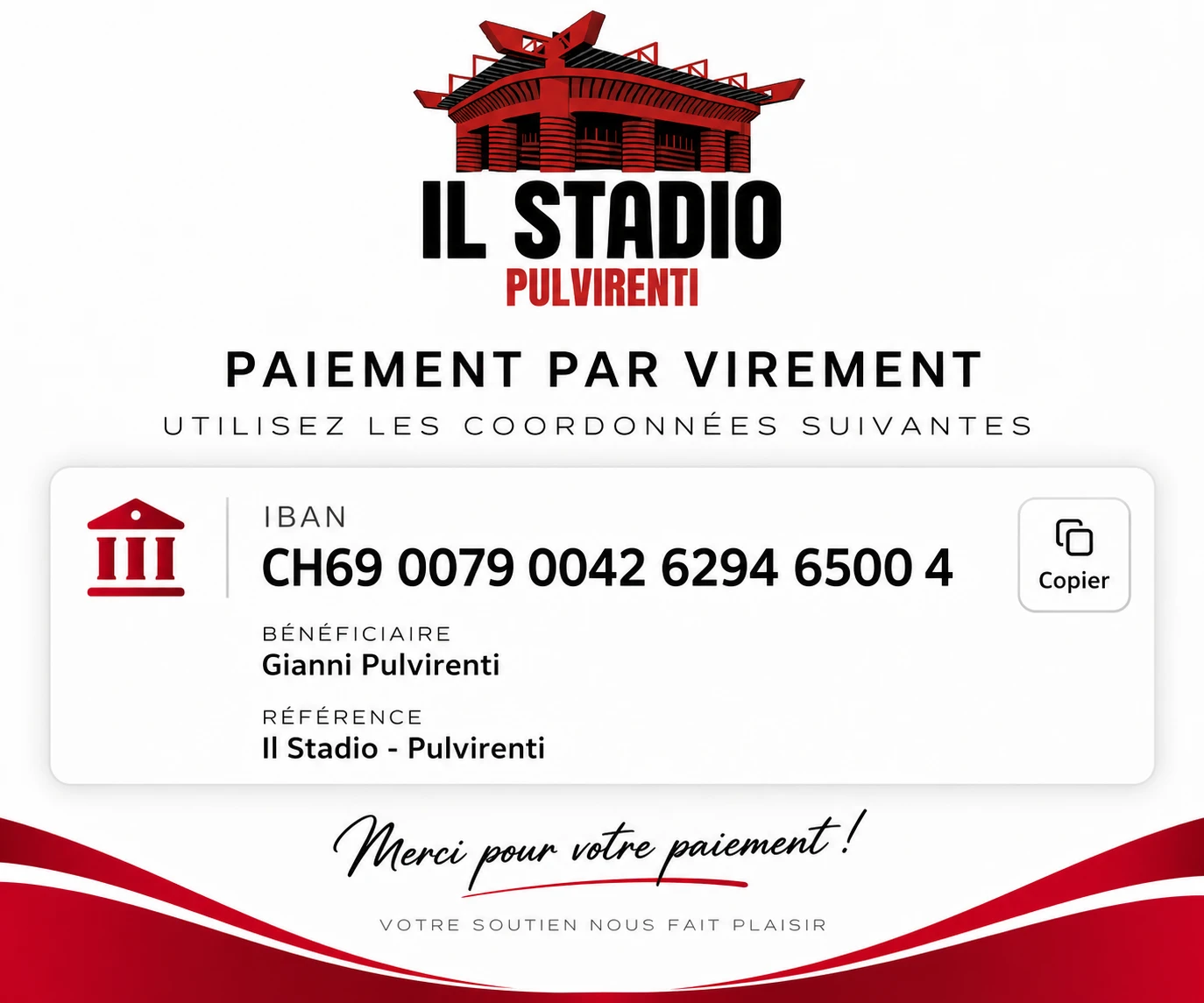 Paiement par virement — IBAN Il Stadio Pulvirenti